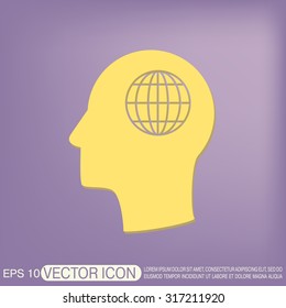 Vector Icon head think silhoutte vector man and his mind about  globe symbol. news. Symbol news. Icon globe planet