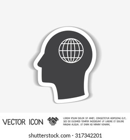 Vector Icon head think silhoutte vector man and his mind about  globe symbol. news. Symbol news. Icon globe planet