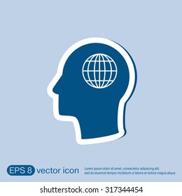 Vector Icon head think silhoutte vector man and his mind about  globe symbol. news. Symbol news. Icon globe planet