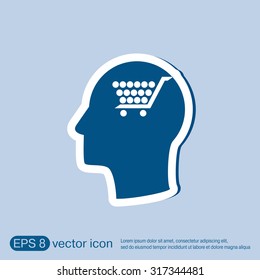 Vector Icon head think silhoutte vector man and his mind about cart online store, Internet shop. basket shopping