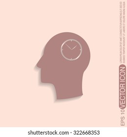 Vector Icon head think silhoutte vector man and his mind about clock. watch sign, Icon watch. symbol time
