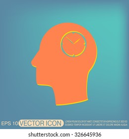 Vector Icon head think silhoutte vector man and his mind about clock. watch sign, Icon watch. symbol time