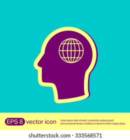 Vector Icon head think silhoutte vector man and his mind about  globe symbol. news. Symbol news. Icon globe planet