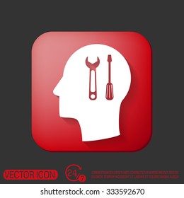 Vector Icon head think silhoutte vector man and his mind about symbol settings sign, screwdriver and wrench