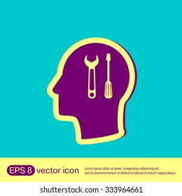 Vector Icon head think silhoutte vector man and his mind about symbol settings sign, screwdriver and wrench