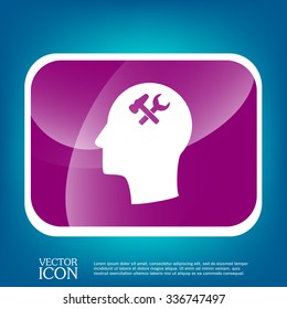 Vector Icon head think silhoutte vector man and his mind about  symbol settings sign, hammer and wrench