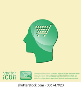 Vector Icon head think silhoutte vector man and his mind about cart online store, Internet shop. basket shopping