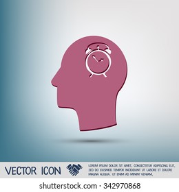 Vector Icon head think silhoutte vector man and his mind about alarm clock sign. Symbol morning. Alarm icon . The clock shows the time