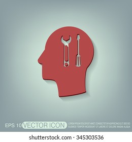 Vector Icon head think silhoutte vector man and his mind about symbol settings sign, screwdriver and wrench