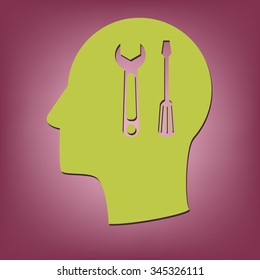 Vector Icon head think silhoutte vector man and his mind about symbol settings sign, screwdriver and wrench