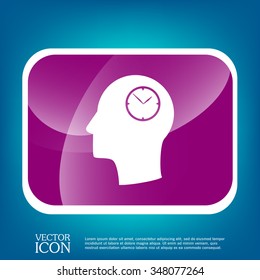 Vector Icon head think silhoutte vector man and his mind about clock. watch sign, Icon watch. symbol time