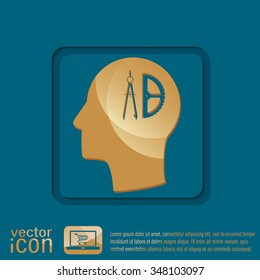 Vector Icon head think silhoutte vector man and his mind about the compass and protractor. characters geometry. Education sign. symbol icon drawing and geometry