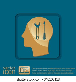 Vector Icon head think silhoutte vector man and his mind about symbol settings sign, screwdriver and wrench