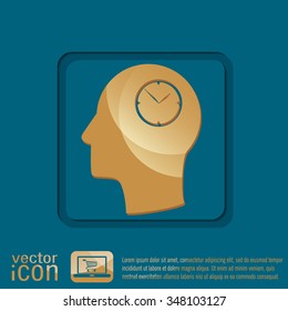 Vector Icon head think silhoutte vector man and his mind about clock. watch sign, Icon watch. symbol time