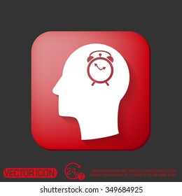 Vector Icon head think silhoutte vector man and his mind about alarm clock sign. Symbol morning. Alarm icon . The clock shows the time