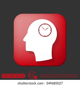 Vector Icon head think silhoutte vector man and his mind about clock. watch sign, Icon watch. symbol time