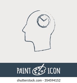Vector Icon head think silhoutte vector man and his mind about clock. watch sign, Icon watch. symbol time