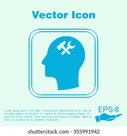 Vector Icon head think silhoutte vector man and his mind about  symbol settings sign, hammer and wrench