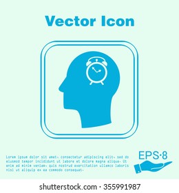 Vector Icon head think silhoutte vector man and his mind about alarm clock sign. Symbol morning. Alarm icon . The clock shows the time