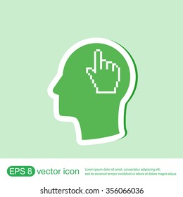 Vector Icon head think silhoutte vector man and his mind about mouse hand cursor. pixel view