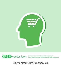 Vector Icon head think silhoutte vector man and his mind about cart online store, Internet shop. basket shopping