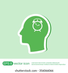 Vector Icon head think silhoutte vector man and his mind about alarm clock sign. Symbol morning. Alarm icon . The clock shows the time