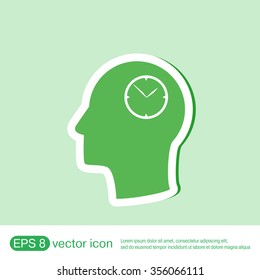 Vector Icon head think silhoutte vector man and his mind about clock. watch sign, Icon watch. symbol time