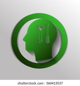 Vector Icon head think silhoutte vector man and his mind about symbol settings sign, screwdriver and wrench