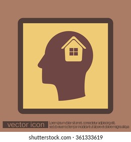 Vector Icon head think silhoutte vector man and his mind about  House icon. Home sign