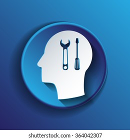 Vector Icon head think silhoutte vector man and his mind about symbol settings sign, screwdriver and wrench
