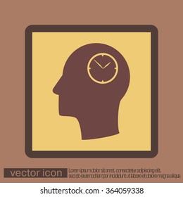 Vector Icon head think silhoutte vector man and his mind about clock. watch sign, Icon watch. symbol time