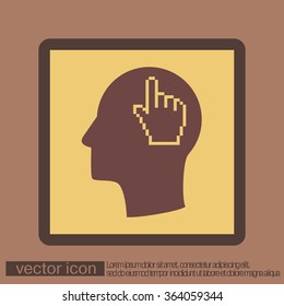 Vector Icon head think silhoutte vector man and his mind about mouse hand cursor. pixel view