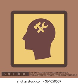 Vector Icon head think silhoutte vector man and his mind about  symbol settings sign, hammer and wrench