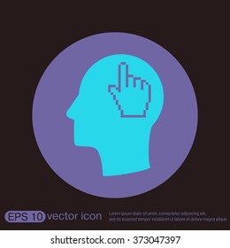 Vector Icon head think silhoutte vector man and his mind about mouse hand cursor. pixel view