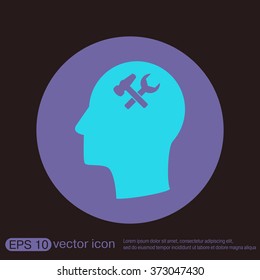 Vector Icon head think silhoutte vector man and his mind about  symbol settings sign, hammer and wrench