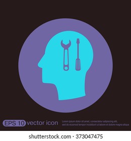 Vector Icon head think silhoutte vector man and his mind about symbol settings sign, screwdriver and wrench