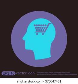 Vector Icon head think silhoutte vector man and his mind about cart online store, Internet shop. basket shopping