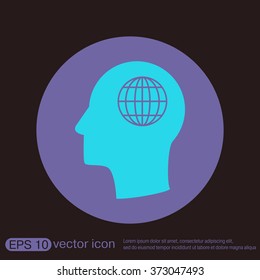 Vector Icon head think silhoutte vector man and his mind about  globe symbol. news. Symbol news. Icon globe planet