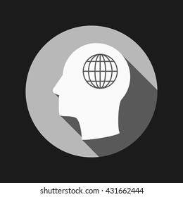 Vector Icon head think silhoutte vector man and his mind about  globe symbol. news. Symbol news. Icon globe planet