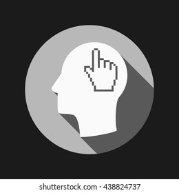 Vector Icon head think silhoutte vector man and his mind about mouse hand cursor. pixel view