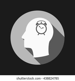 Vector Icon head think silhoutte vector man and his mind about alarm clock sign. Symbol morning. Alarm icon . The clock shows the time