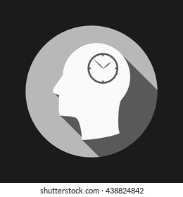 Vector Icon head think silhoutte vector man and his mind about clock. watch sign, Icon watch. symbol time