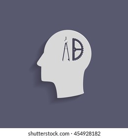 Vector Icon head think silhoutte vector man and his mind about the compass and protractor. characters geometry. Education sign. symbol icon drawing and geometry
