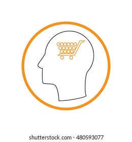 Vector Icon head think silhoutte vector man and his mind about cart online store, Internet shop. basket shopping