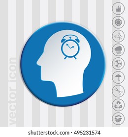 Vector Icon head think silhoutte vector man and his mind about alarm clock sign. Symbol morning. Alarm icon . The clock shows the time