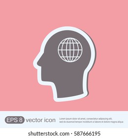 Vector Icon head think silhoutte vector man and his mind about  globe symbol. news. Symbol news. Icon globe planet