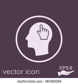 Vector Icon head think silhoutte vector man and his mind about mouse hand cursor. pixel view