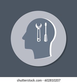 Vector Icon head think silhoutte vector man and his mind about symbol settings sign, screwdriver and wrench