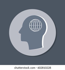 Vector Icon head think silhoutte vector man and his mind about  globe symbol. news. Symbol news. Icon globe planet