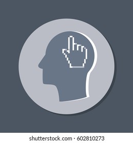 Vector Icon head think silhoutte vector man and his mind about mouse hand cursor. pixel view